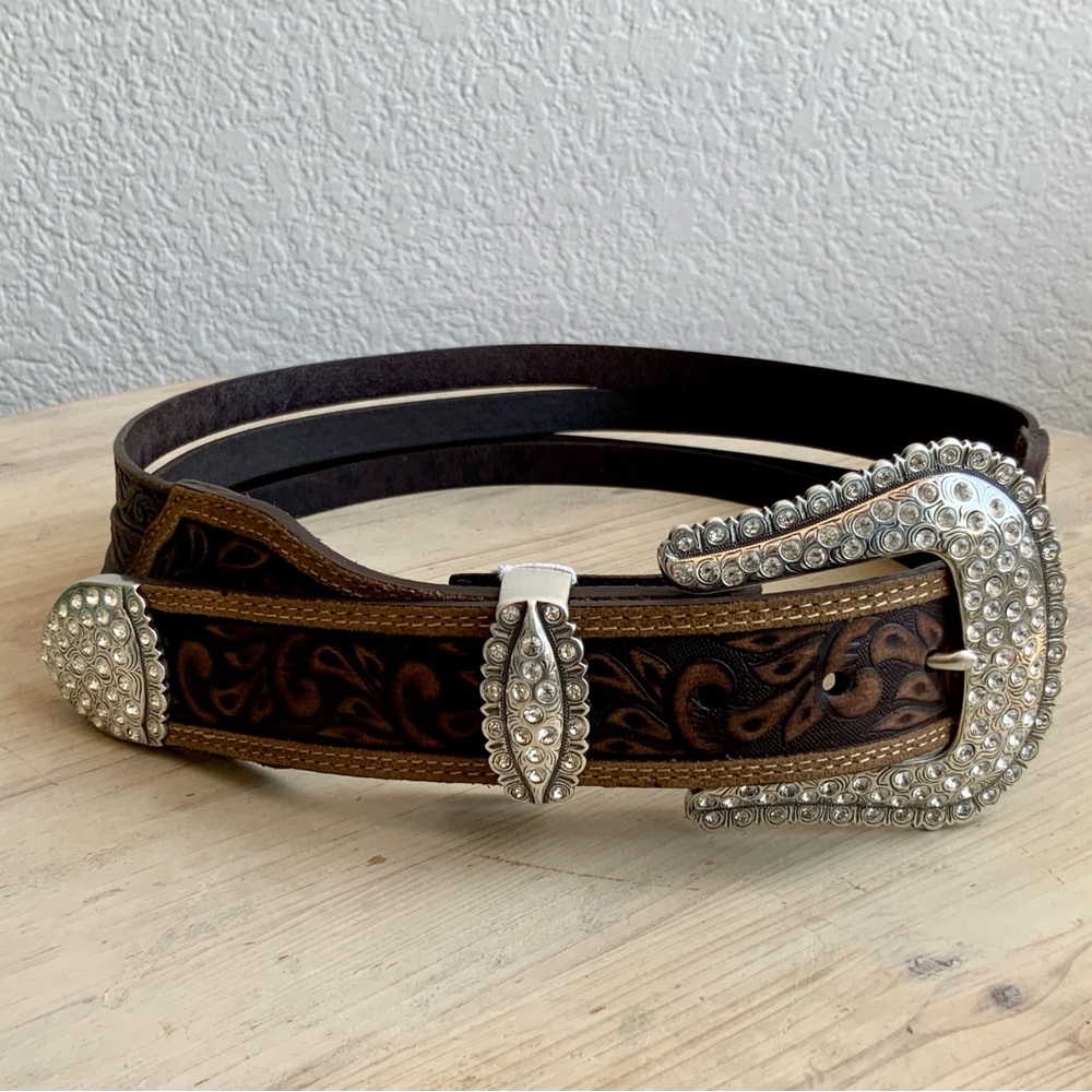 Tony Lama Stamped Leather Belt with Rhinestone Studded Buckle, Sz 30
